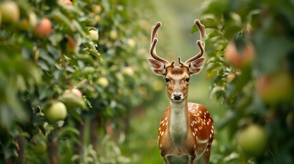 Wall Mural - Deer standing in apple orchard