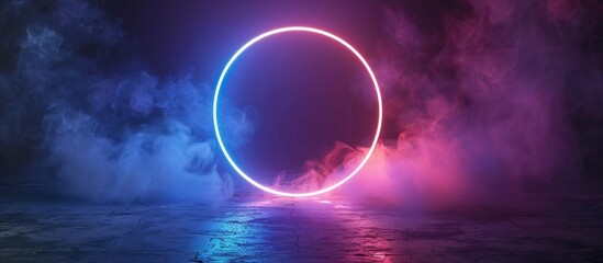 Wall Mural - Circle frame with colorful neon lights and glowing smoke in dark room