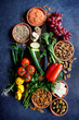 © The Picture Pantry - Plant-based whole food diet raw ingredients including fruit, vegetables, grains, legumes, tofu and nuts.