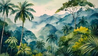 Wall Mural - vintage watercolor painting of dense tropical forest with misty atmosphere
