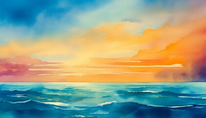 Wall Mural - watercolor painting of abstract ocean horizon sunset background template