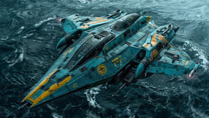 Wall Mural - Futuristic sci-fi spaceship on patrol hovering over the surface of a water world, high-tech military transport