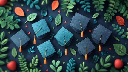 Wall Mural - Graduation ceremony flat design top view academic theme cartoon drawing colored pastel,