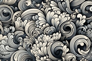 Intricate black and white abstract wave pattern with swirls and curls, depicting a seamless fluid motion, ideal for backgrounds and textures.