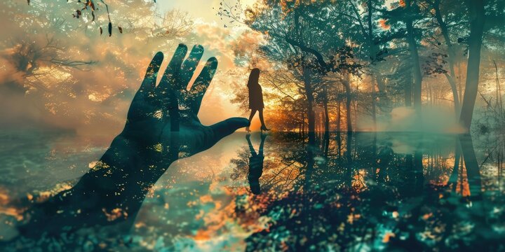 A double exposure of the silhouette of an outstretched hand filled with water and trees, in front is walking woman wearing dark , sunset background