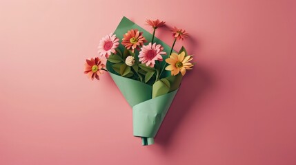 Wall Mural - paper cut out of a bouquet with green paper wrapped around it on a pink background, flowers in the shape of 