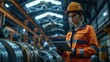 © Mahemud - Professional Heavy Industry Engineer/Worker Wearing Safety Uniform and Hard Hat Uses Tablet Computer. Serious Successful Female Industrial Specialist Walking in a Metal Manufacture Warehouse.