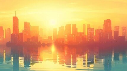 Wall Mural - beautiful city skyline illustration at the sunset . view from across the water and with soft color