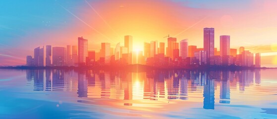 Wall Mural - beautiful city skyline illustration at the sunset . view from across the water and with soft color