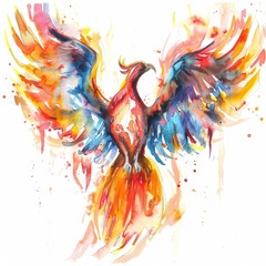 Wall Mural - Watercolor painting of a mystical phoenix rising from the ashes, with wings spread wide in flight, on isolated white background, Generative AI 