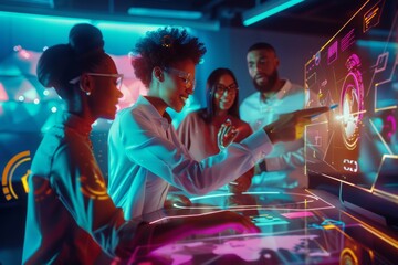 Poster - Diverse Team Collaborating in Futuristic Office Environment: Interactive AI Technology and Innovation at Work