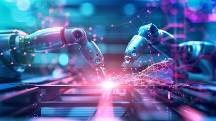 Leinwandbilder - Advanced Robotics and Automation on a High-Tech Manufacturing Floor Featuring Male and Female Engineers at Work