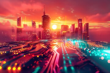 Poster - Sunset Illuminates High-Tech Cityscape: Macro View of Intricate Circuit Board Symbolizing Innovation and Technological Growth