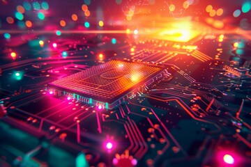 Fototapete - Macro View of High-Tech Circuit Board Illuminated in Vivid Colors, Emphasizing Innovation and Technological Advancement