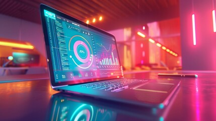 Aufkleber - Modern Business Workspace with Laptop Displaying Data Analytics in a Bright, Sleek Office Environment