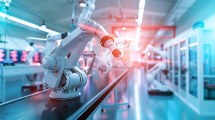 Leinwandbilder - High-Tech Manufacturing Floor with Automated Robots Assembling Products, Showcasing Technological Innovation and Precision