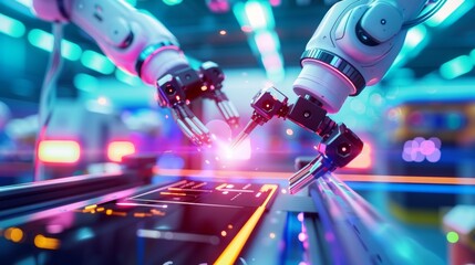 Leinwandbilder - High-Tech Manufacturing Floor with Advanced Robots and Automated Systems Assembling Products in a Modern Factory