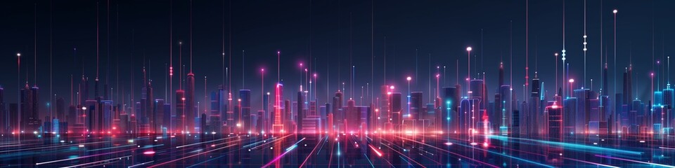 Wall Mural - A city skyline is lit up in neon colors generated by AI