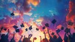 © Supranee - Graduates celebrate their achievement by throwing caps into a colorful sky at sunset, symbolizing joy and accomplishment.