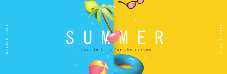 Wall Mural - colorful summer sale promotion banner with summer tropical beach vibes decoration background