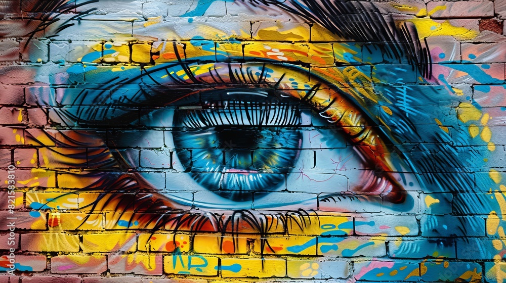 Graffito Azpects Detailed eye graffiti on a brick wall, close-up view showcasing the ...