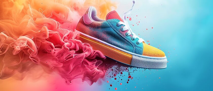 Trendy leather sneakers for casual use with a high platform, levitation and a banner design for street wear set against a colourful backdrop with text space, Generative AI.