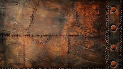 dark aged leather background with stitched border and grunge texture abstract design