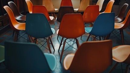 Close-up of chairs in a circle, arranged for brainstorming and collaborative learning, capturing the essence of group discussions