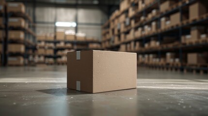 Wall Mural - Close-up of a single cardboard box on a pallet in a warehouse setting, shelves in the background, advertising focus, well-lit studio setup