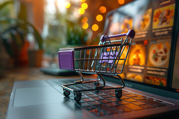 Wall Mural - Laptop computer and purple shopping cart, ecommerce concept