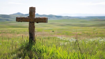 lone cross in grassy meadow with copy space worship background