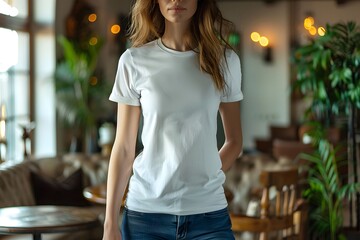 Wall Mural - Women's White Short Sleeve Round Neck T-Shirt Mockup It is a useful tool for clothing designers to help visualize T-shirts before actual production Save time and money and makes it easier to decide.