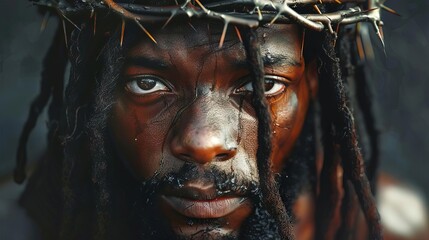 Wall Mural - photorealistic portrait of black jesus christ with crown of thorns closeup painting