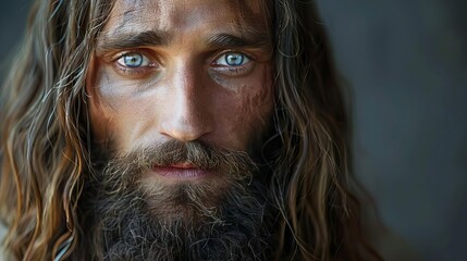 Wall Mural - photorealistic portrait of jesus christ long hair and beard gray background 13