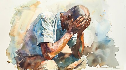 Wall Mural - prayerful man kneeling hands clasped in devotion watercolor painting