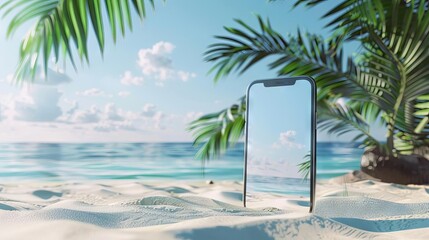 tropical beach mobile phone mockup white sand and copy space 3d rendering