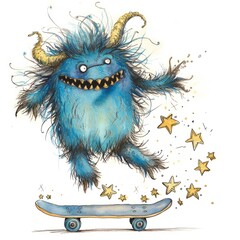 Watercolor painting of a giggling monster riding a skateboard, with windblown fur and a trail of stars behind, on isolated white background, Generative AI