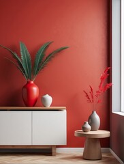 Wall Mural - living room interior with copy space, Bright Red desk, stylish vase, wall with stucco, wooden sculpture