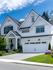 Beautiful white house with front yard and garage, modern design