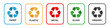 © Kingwardobe - Recycle icon symbol in colorful square with paper plastic metal glass and organic text. Recycle by colors illustration on white background. For stickers, posters, educational purposes, etc uses.
