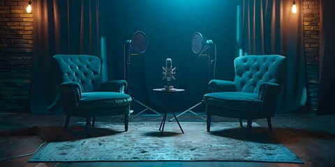 Intimate Setting for a Podcast Conversation with Cozy Armchairs and Professional Microphones Against a Mysterious Dark Background