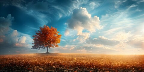 Canvas Print - Captivating Autumn Landscape with Lone Tree in Golden Field under Dramatic Sky