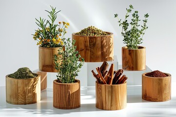 Fresh herbs and spices stored in wooden containers