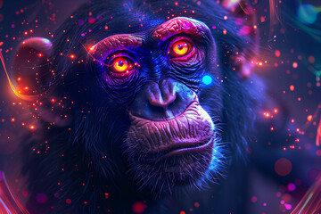 Wall Mural - a monkey, neon, dark background, beautiful cosmic monkey with a piercing gaze