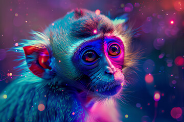 Wall Mural - a monkey, neon, dark background, beautiful cosmic monkey with a piercing gaze