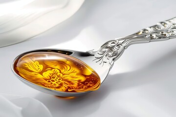 Wall Mural - A spoonful of honey is shown on a white background