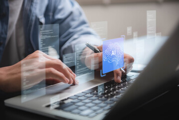 Poster - Professional Businessman Utilizing AI Technology for Data Analysis to Enhance Business Strategy and Drive Innovation in a Tech Driven Workspace.
