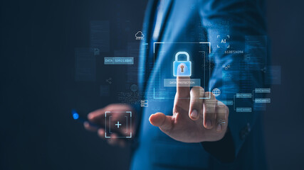 Leinwandbilder - Cyber security and network data protection. businessman touch security padlock. smart solution from Ai tech cyber attack, innovation technology