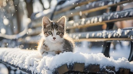 Wall Mural - a cute kitten sitting outdoors looking at the camera, surrounded by snow