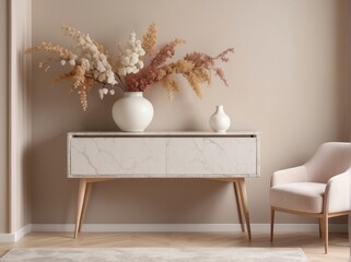 Wall Mural - composition of warm living room interior, boucle sofa, marble console, white rack